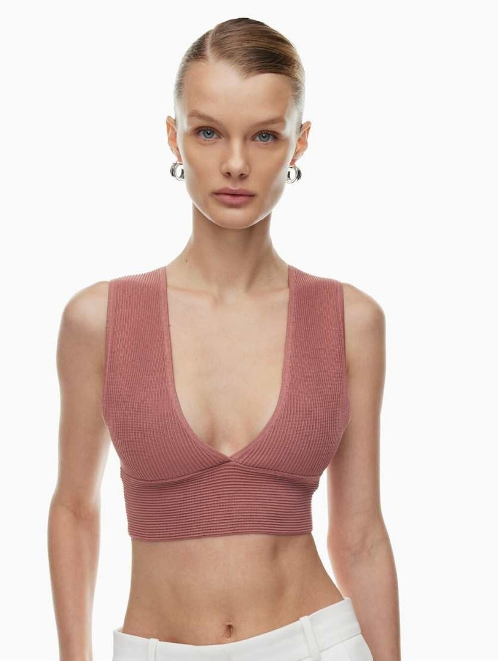 Babaton Ribbed Deep V Crop Top in Dusty Rose Size XS